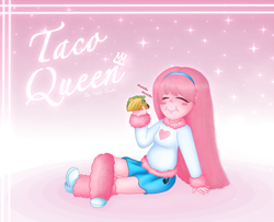 Size: 1740x1411 | Tagged: safe, artist:natt-tenshi, derpibooru import, oc, oc:fluffle puff, equestria girls, blushing, clothes, eating, equestria girls-ified, eyes closed, female, food, hairband, leg warmers, shoes, skirt, solo, taco, text