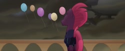 Size: 1331x551 | Tagged: safe, derpibooru import, screencap, tempest shadow, pony, unicorn, my little pony: the movie, armor, balcony, balloon, broken horn, canterlot castle, cloud, cloudy, conquest, dissatisfied, faceless female, female, horn, looking up, mare, mohawk, offscreen character, rear view, solo
