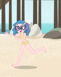 Size: 249x315 | Tagged: safe, derpibooru import, screencap, technicolor waves, better together, equestria girls, unsolved selfie mysteries, background human, barefoot, beach, bikini, clothes, cropped, feet, female, glasses, midriff, running, solo, swimsuit