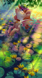 Size: 1024x1862 | Tagged: safe, artist:holivi, derpibooru import, oc, bat pony, frog, pony, bat pony oc, collar, commission, ear fluff, female, flower, freckles, looking at each other, signature, tongue out, tree, water