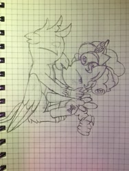 Size: 2448x3264 | Tagged: safe, anonymous artist, derpibooru exclusive, derpibooru import, cozy glow, gallus, griffon, pegasus, pony, age difference, crack shipping, eyes closed, female, filly, gallozy, graph paper, kissing, male, shipping, sketch, straight, traditional art