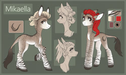 Size: 3041x1809 | Tagged: safe, artist:koviry, derpibooru import, oc, oc only, oc:mikaella, hybrid, zebra, zonkey, fallout equestria, fallout equestria: of shadows, alternate hairstyle, branding, female, long ears, reference sheet, solo