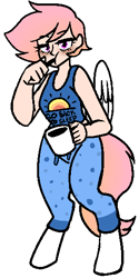 Size: 274x549 | Tagged: safe, artist:/d/non, derpibooru import, oc, oc only, oc:dawn, satyr, clothes, coffee, offspring, pajamas, parent:anon, parent:oc:anon, parent:princess celestia, tired, toothbrush