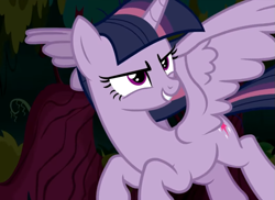 Size: 957x696 | Tagged: safe, derpibooru import, screencap, mean twilight sparkle, alicorn, pony, the mean 6, clone, cropped, evil grin, female, flying, grin, mare, scary face, scheming, sinister, smiling, solo, spread wings, wings