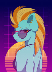 Size: 2000x2750 | Tagged: safe, artist:skitsroom, derpibooru import, lightning dust, anthro, ear piercing, female, looking back, mare, piercing, retrowave, solo, sunglasses