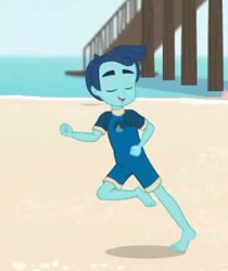 Size: 237x282 | Tagged: safe, derpibooru import, screencap, henry handle, manestrum, better together, equestria girls, unsolved selfie mysteries, background human, barefoot, beach, clothes, cropped, eyes closed, feet, male, male feet, smiling, swimsuit