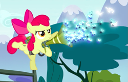 Size: 637x409 | Tagged: safe, derpibooru import, screencap, apple bloom, earth pony, insect, pony, bloom and gloom, balancing, bow, cropped, female, filly, foal, hair bow, on one hoof, pest control gear, pest pony, solo, swarm, twitbuster apple bloom, twittermite