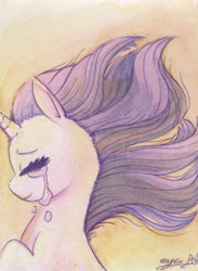 Size: 1280x1747 | Tagged: safe, artist:espeonna, derpibooru import, oc, oc only, pony, unicorn, crying, sad, smiling, traditional art, watercolor painting