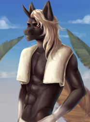 Size: 1024x1375 | Tagged: safe, artist:zefirayn, derpibooru import, oc, oc only, anthro, unicorn, anthro oc, beach, commission, digital art, male, solo, stallion, vexel, ych result