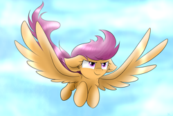 Size: 1024x689 | Tagged: safe, artist:envygirl95, derpibooru import, scootaloo, pegasus, pony, cloud, ear fluff, female, floppy ears, flying, large wings, mare, older, scootaloo can fly, smiling, solo, wings