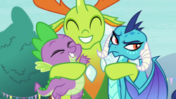 Size: 1280x720 | Tagged: safe, derpibooru import, dragon lord ember, princess ember, spike, thorax, changedling, changeling, dragon, triple threat, annoyed, changeling king, dragoness, eyeroll, eyes closed, female, forgiveness, group hug, happy, hug, king thorax, male, raised eyebrow, sideways glance, smiling, trio, uncomfortable