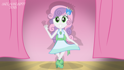 Size: 3999x2249 | Tagged: safe, artist:metalhead97, derpibooru import, sweetie belle, equestria girls, make new friends but keep discord, clothes, curtains, curtsey, cute, diasweetes, dress, female, flower, flower in hair, gala dress, high heels, outfit, shadow, shoes, show accurate, smiling, stage, waving