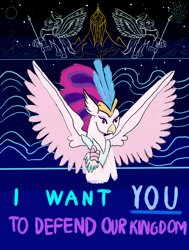 Size: 1152x1525 | Tagged: safe, artist:horsesplease, derpibooru import, queen novo, stratus skyranger, classical hippogriff, hippogriff, my little pony: the movie, guard, i want you, moon, mount aris, night, ocean, paint tool sai, pointing, spear, stars, sun, uncle sam, weapon