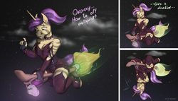 Size: 2100x1200 | Tagged: safe, artist:reaper3d, derpibooru import, oc, oc only, anthro, horse, unicorn, zebra, zebracorn, 2018, broom, clothes, cloud, equine, female, flying, flying broomstick, hair, halloween, holiday, solo