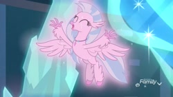 Size: 1920x1080 | Tagged: safe, derpibooru import, screencap, silverstream, classical hippogriff, hippogriff, school raze, eyes closed, female, glow, happy, magic, solo, spread arms, spread wings, wings