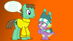 Size: 1280x720 | Tagged: safe, derpibooru import, spike, oc, oc:ian, dragon, clothes, dialogue, hat, rhyme, scarf, speech bubble, sweater, text, winged spike