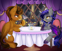 Size: 1600x1330 | Tagged: safe, artist:pvrii, derpibooru import, oc, oc only, oc:ark angel, oc:midnight radiance, bat pony, pegasus, pony, bat pony oc, beverage, chair, crescent moon, eiffel tower, glass, lidded eyes, moon, night, nightmarified, open mouth, sitting, stars, table