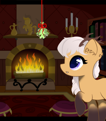 Size: 1950x2236 | Tagged: safe, artist:reterica, derpibooru import, oc, oc only, oc:antler pone, pony, antlers, bookshelf, candle, fire, fireplace, mistletoe, purple eyes, solo, white mane