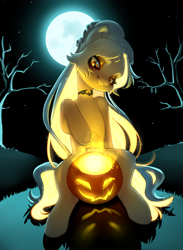 Size: 2902x3967 | Tagged: safe, artist:aphphphphp, derpibooru import, oc, oc only, pony, female, full moon, halloween, holiday, jack-o-lantern, mare, moon, night, pumpkin, solo, tree