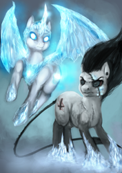 Size: 900x1273 | Tagged: safe, artist:elkaart, derpibooru import, oc, oc only, oc:frightmare frost, oc:ronei, alicorn, demon pony, pony, abstract background, alicorn oc, cutie mark, duo, female, flying, frown, glowing eyes, glowing horn, ice, long tail, male, mare, scar, spread wings, stallion, wings