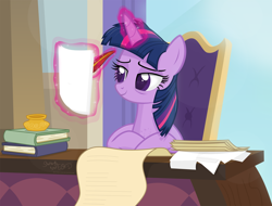 Size: 2832x2148 | Tagged: safe, artist:shutterflyeqd, derpibooru import, twilight sparkle, twilight sparkle (alicorn), alicorn, pony, bags under eyes, book, chair, female, glowing horn, inkwell, levitation, magic, paper, quill, quill pen, scroll, sitting, solo, telekinesis, tired