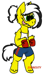Size: 567x952 | Tagged: safe, artist:pony-puke, derpibooru import, oc, oc only, oc:uppercute, pony, bipedal, boxing gloves, clothes, freckles, gritted teeth, shorts, simple background, solo, tongue out, transparent background, unshorn fetlocks