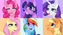 Size: 986x554 | Tagged: safe, artist:waterz-colrxz, derpibooru import, applejack, fluttershy, pinkie pie, rainbow dash, rarity, twilight sparkle, earth pony, pegasus, pony, unicorn, female, mane six, mare