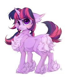 Size: 1017x1050 | Tagged: safe, artist:rossignolet, derpibooru import, twilight sparkle, pony, unicorn, 2018, :t, blushing, butt fluff, chest fluff, cute, ear fluff, female, floppy ears, fluffy, grumpy, hoof fluff, mare, pigtails, pouting, simple background, solo, twiabetes, twintails, unamused, unshorn fetlocks, white background