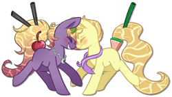 Size: 752x427 | Tagged: safe, artist:mallowglitz, derpibooru import, oc, oc only, oc:pineapple and watermelon kick-starter, oc:tequila sunset, original species, pony, cocktail pony, male, simple background, stallion, transparent background