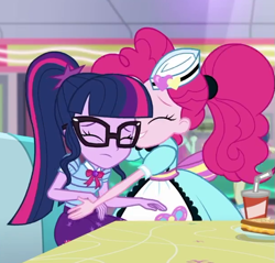 Size: 613x585 | Tagged: safe, derpibooru import, screencap, bon bon, pinkie pie, sci-twi, sweetie drops, twilight sparkle, better together, equestria girls, pinkie pie: snack psychic, clothes, cropped, eyes closed, female, geode of telekinesis, glasses, offscreen character, ponytail, shipping fuel, skirt