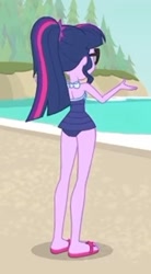 Size: 1156x2100 | Tagged: safe, derpibooru import, screencap, sci-twi, twilight sparkle, better together, equestria girls, forgotten friendship, beach, clothes, cropped, feet, female, flip-flops, legs, ponytail, sand, sandals, solo, swimsuit