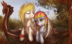 Size: 1024x632 | Tagged: safe, artist:elkaart, derpibooru import, oc, oc only, oc:melon drop, earth pony, pegasus, pony, boat, cuddling, eyes closed, female, hug, male, mare, oc x oc, shipping, stallion, winghug