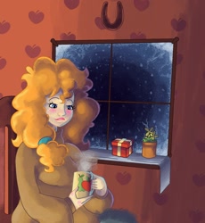 Size: 1372x1492 | Tagged: safe, artist:smirk, derpibooru import, pear butter, human, blushing, clothes, flower pot, horseshoes, humanized, legitimately amazing mspaint, ms paint, mug, night, present, snow, steam, sweater, window, winter