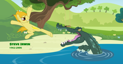 Size: 1024x536 | Tagged: safe, artist:didgereethebrony, derpibooru import, crocodile, pony, crocodile hunter, lake, solo, steve irwin, swing, tree, tribute