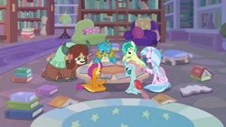 Size: 1280x720 | Tagged: safe, derpibooru import, screencap, gallus, ocellus, sandbar, silverstream, smolder, yona, changedling, changeling, classical hippogriff, dragon, earth pony, griffon, hippogriff, pony, yak, what lies beneath, book, bookshelf, bow, chair, cloven hooves, colored hooves, dragoness, female, globe, hair bow, library, male, monkey swings, sitting, student six, studying, table, tail, teenager