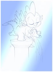 Size: 767x1042 | Tagged: safe, artist:sherwoodwhisper, derpibooru import, gummy, spike, alligator, dragon, duo, eyes closed, fountain, gradient background, male, monochrome, pose, winged spike, wings