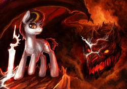 Size: 1024x724 | Tagged: safe, artist:elkaart, derpibooru import, oc, oc only, oc:indifference, dragon, earth pony, pony, female, fire, mare, smoke, sword, weapon