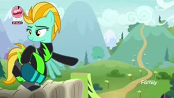 Size: 1920x1080 | Tagged: safe, derpibooru import, screencap, lightning dust, pegasus, pony, the washouts (episode), clothes, female, flying, helmet, hill, mare, path, uniform, washouts uniform