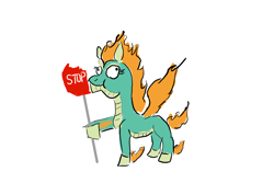 Size: 1500x1000 | Tagged: safe, artist:horsesplease, derpibooru import, tianhuo, them's fightin' herds, community related, derp, eating, nom, paint tool sai, random, road sign, sign, simple background, smiling, solo, stop sign, tianhuo and a road sign, white background