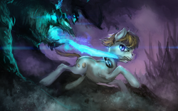 Size: 1280x801 | Tagged: safe, artist:elkaart, derpibooru import, oc, oc only, oc:cookie malou, earth pony, pony, headphones, male, monster, mouth hold, stallion, sword, weapon