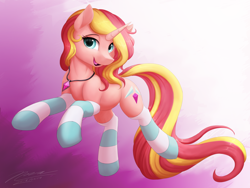 Size: 1024x768 | Tagged: safe, artist:novaintellus, derpibooru import, oc, oc only, pony, unicorn, abstract background, clothes, female, jewelry, looking at you, mare, necklace, smiling, socks, solo, striped socks