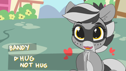 Size: 1280x720 | Tagged: safe, artist:pabbley, artist:threetwotwo32232, derpibooru import, edit, oc, oc only, oc:bandy cyoot, earth pony, pony, raccoon pony, dating sim, dialogue box, fangs, female, heart, hooves together, looking at you, open mouth, smiling, solo, text, underhoof, wide eyes