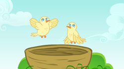 Size: 1440x808 | Tagged: safe, derpibooru import, screencap, bird, daring don't, animal, bird nest, duo, flying, hatchling, nest