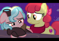 Size: 557x384 | Tagged: safe, artist:thefanficfanpony, derpibooru import, apple bloom, cozy glow, earth pony, pegasus, pony, spoiler:s08, cozybloom, cutie mark, fake screencap, female, goggles, lesbian, older, older cozy glow, scene interpretation, shipping, the cmc's cutie marks