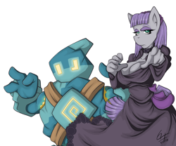 Size: 1280x1067 | Tagged: safe, artist:maroon64, derpibooru import, boulder (pet), maud pie, anthro, black dress, breasts, cleavage, clothes, commission, crossover, dress, fighting stance, golett, hex maniac, maud pies, pokémon, signature, simple background, white background