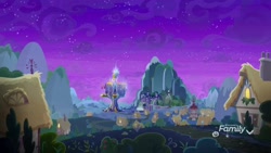 Size: 1920x1080 | Tagged: safe, derpibooru import, screencap, school raze, discovery family logo, night, no pony, ponyville, ponyville town hall, scenery, school of friendship, town, twilight's castle