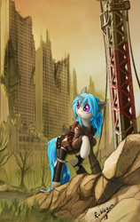 Size: 2627x4155 | Tagged: safe, artist:rublegun, derpibooru import, oc, oc:homage, pony, unicorn, fallout equestria, city, clothes, fanfic, fanfic art, female, hooves, horn, looking back, mare, purple eyes, raised hoof, ruins, saddle bag, scenery, solo, wasteland