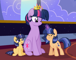 Size: 1040x822 | Tagged: safe, artist:nocturna76, derpibooru import, twilight sparkle, twilight sparkle (alicorn), unicorn twilight, oc, oc:star shield, oc:stella luna, alicorn, pony, unicorn, female, filly, magic, mare, offspring, parent:flash sentry, parent:twilight sparkle, parents:flashlight