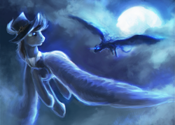 Size: 1273x913 | Tagged: safe, artist:elkaart, derpibooru import, oc, oc only, dragon, pegasus, pony, clothes, cloud, commission, flying, hat, looking back, male, moon, shirt, stallion