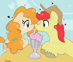 Size: 2000x1700 | Tagged: safe, artist:aesthetic-bagel, derpibooru import, bright mac, pear butter, earth pony, pony, the perfect pear, brightbutter, drinking, female, heart, heart eyes, looking at each other, male, milkshake, scene interpretation, sharing a drink, shipping, straight, table, unshorn fetlocks, wingding eyes